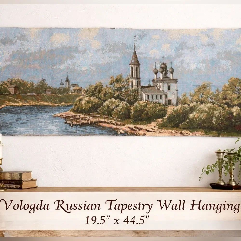 Vologda Russian Tapestry Wall Hanging Woven Landscape River Church 19.5x44.5